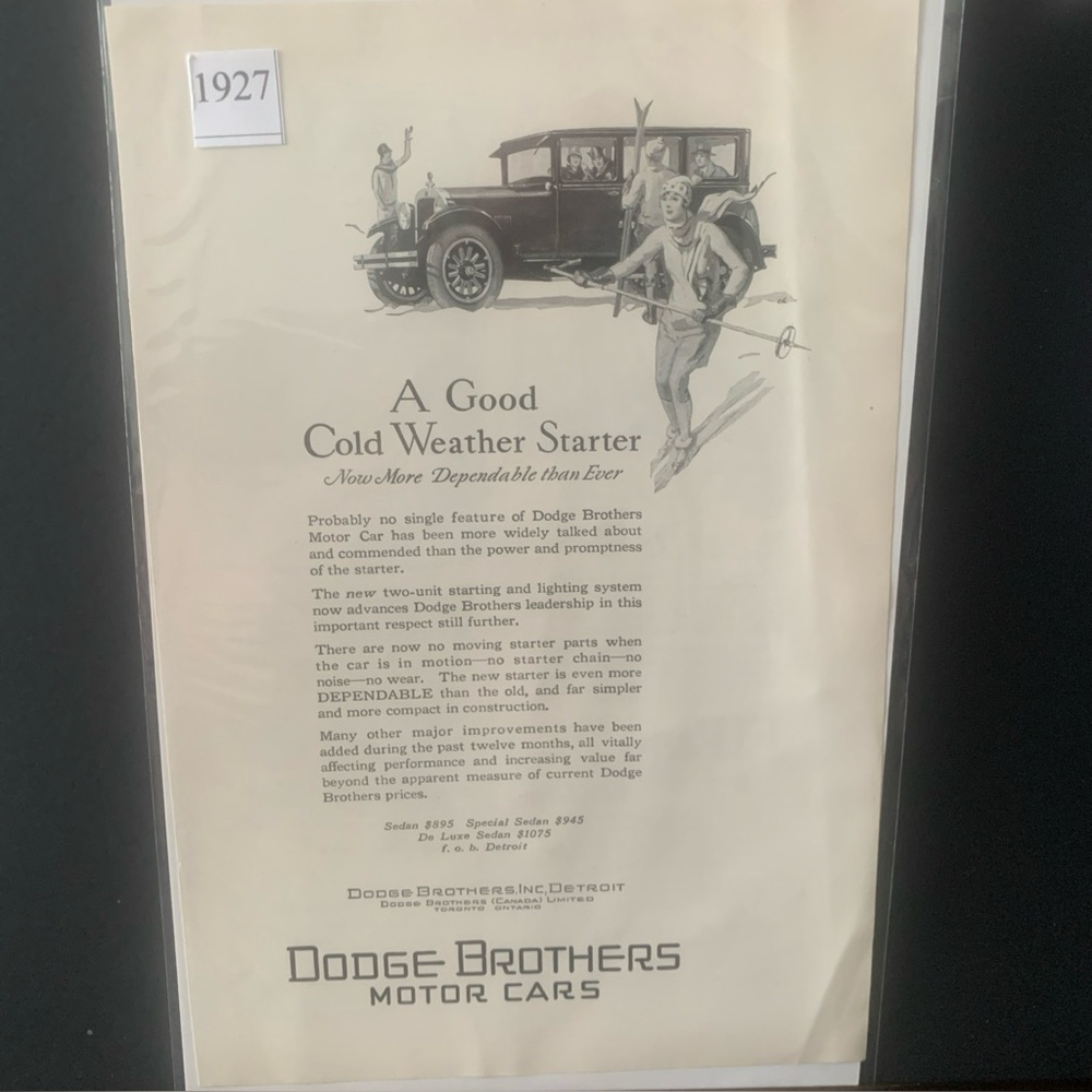 Vintage 1927 Dodge Brothers Cold Weather Starter Ad Advertisement
